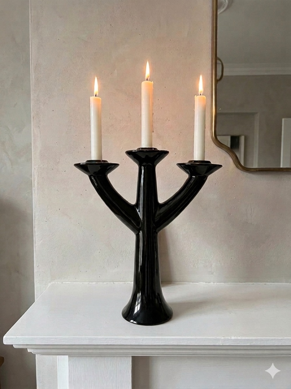 Ceramic Swedish Design Triple Candlestick Holder Candelabra Glossy Black